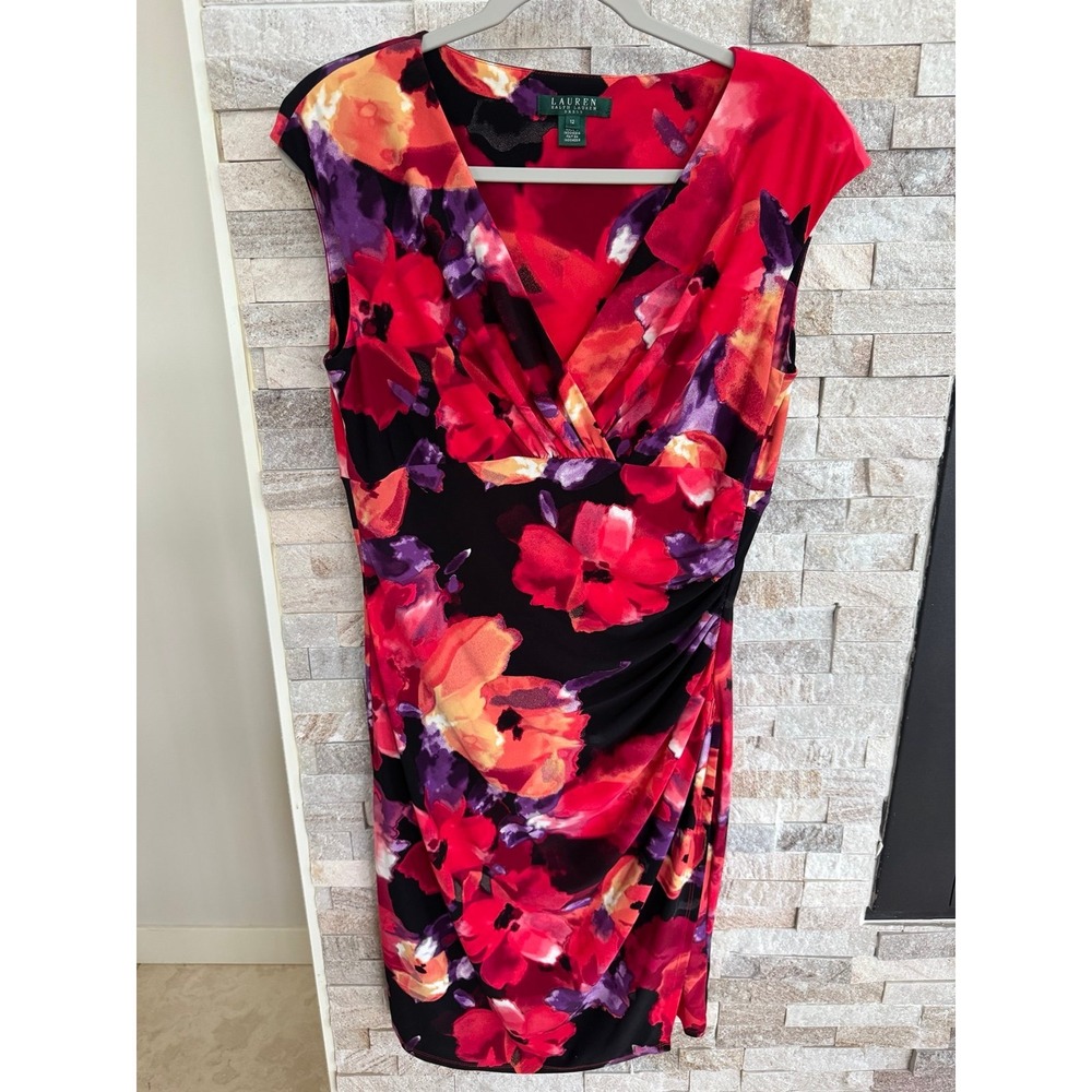 Lauren Ralph Lauren Floral Faux Wrap Bodycon Dress Size 12‎ Ruched Red Purple